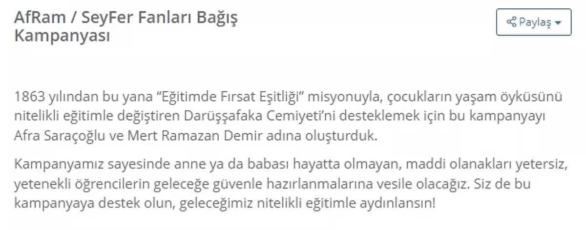 Afra Saraçoğlu ve Mert Ramazan Demir'in hayranları, oyuncuların adına düzenledikleri kampanyada topladıkları 70 bin lirayı, gençlerin eğitimini desteklemek için Darüşşafaka Cemiyeti'ne bağışladılar.