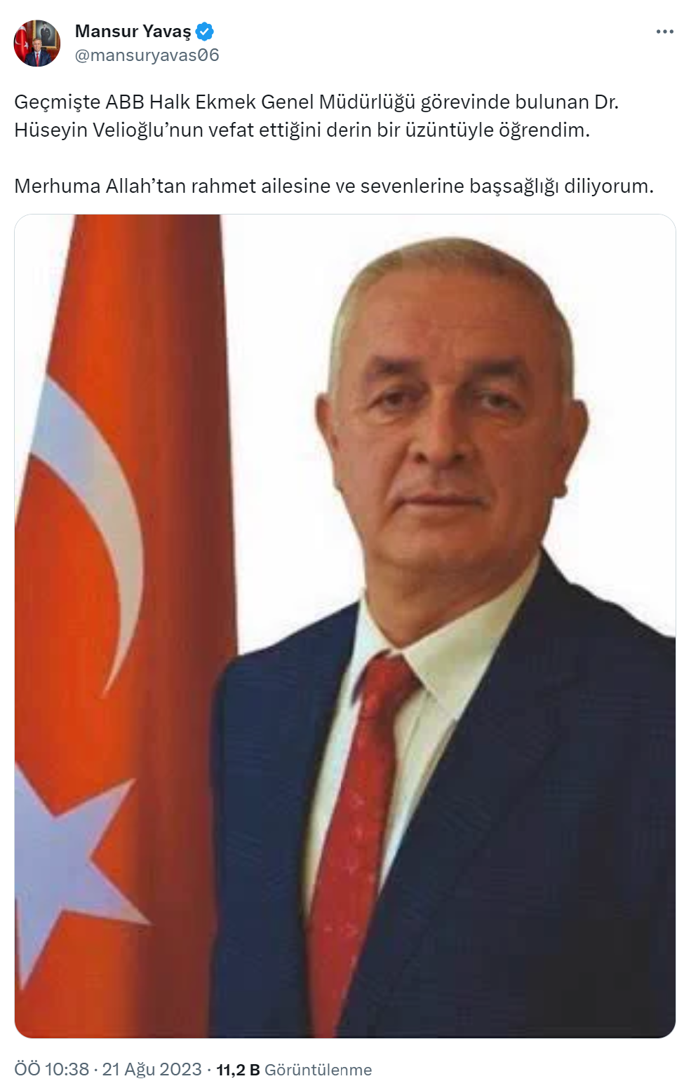 Ankara Büyükşehir Belediye Başkanı Mansur Yavaş, eski ABB Halk Ekmek Genel Müdürü Dr. Hüseyin Velioğlu için başsağlığı mesajı yayımladı.
