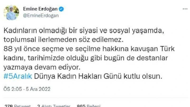 Emine Erdoğan: Kadınların olmadığı bir siyasi yaşamda ilerlemeden söz edilemez