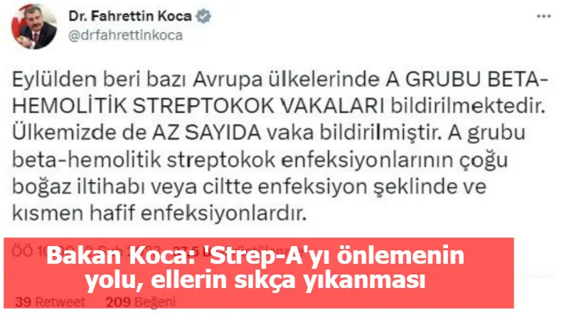 Bakan Koca: 'Strep-A'yı önlemenin yolu, ellerin sıkça yıkanması