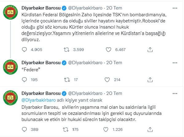 Diyarbakır Barosu'nun Zaho'daki saldırıdan TSK'yı sorumlu tutan paylaşımına inceleme
