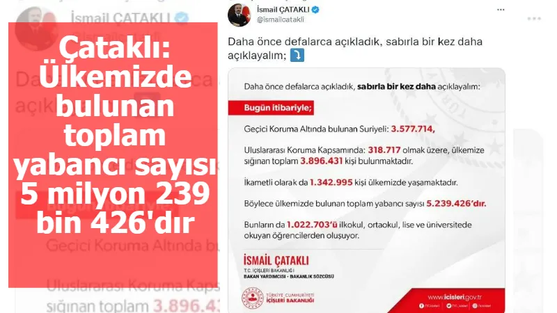 Çataklı: Ülkemizde bulunan toplam yabancı sayısı 5 milyon 239 bin 426'dır