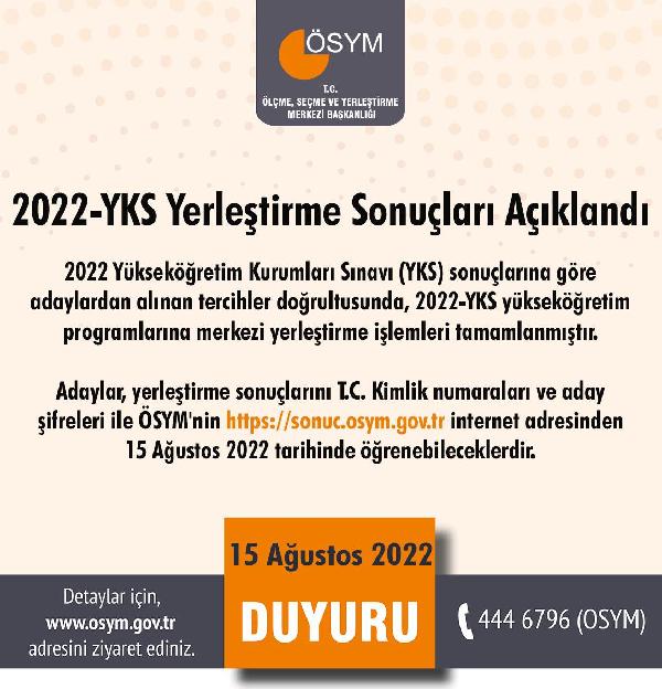 2022-YKS yerleştirme sonuçları açıklandı