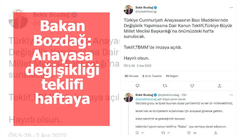 Bakan Bozdağ: Anayasa değişikliği teklifi haftaya Meclis'e sunulacak