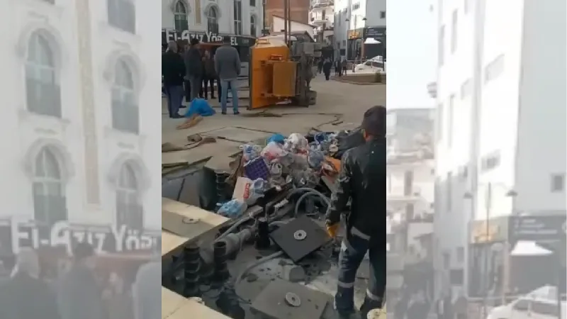 Yapımı süren meydanda zemin çöktü, çöp kamyonu devrildi