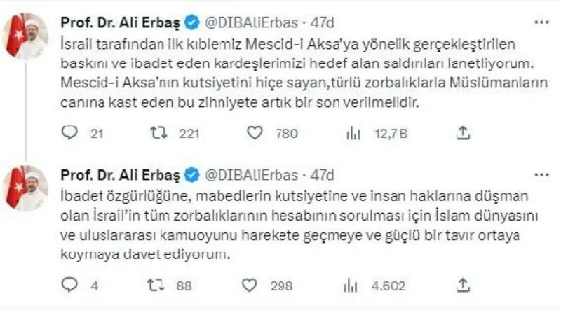Ali Erbaş: Mescid-i Aksa'ya gerçekleştirilen baskını lanetliyorum