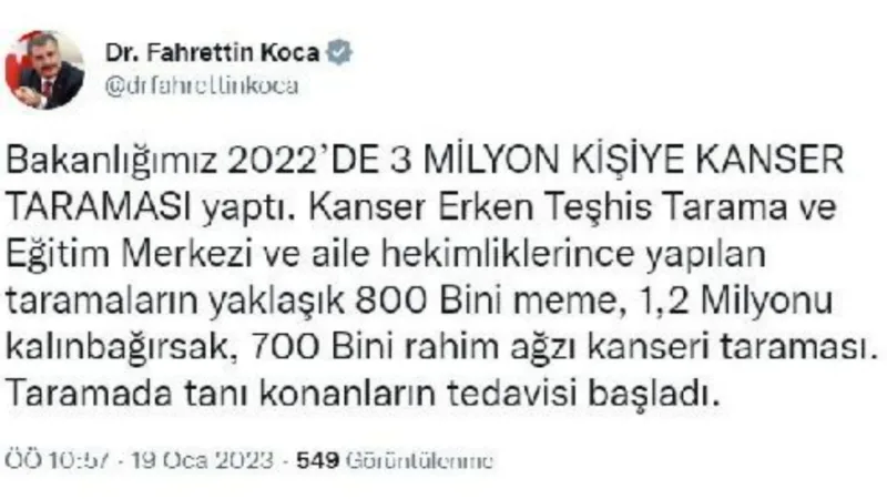 Bakan Koca: 2022'de 3 milyon kişiye kanser taraması yapıldı