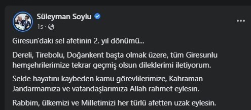 İçişleri Bakanı Süleyman Soylu: “Rabbim, ülkemizi ve milletimizi her türlü afetten uzak eylesin”