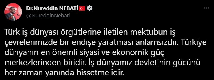 Bakan Nebati: “Türk iş dünyası örgütlerine iletilen mektubun endişe oluşturması anlamsızdır”