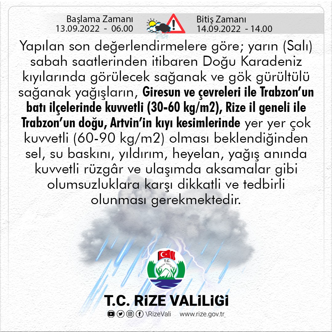 Rize Valiliğinden sel uyarısı