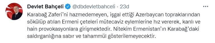 MHP lider Bahçeli: “Ermenistan’ın Karabağ’daki saldırganlığına sabır ve tahammül gösterilemeyecektir”