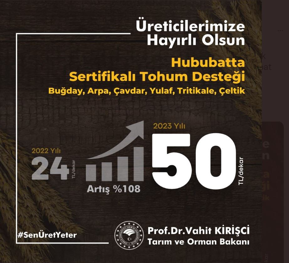 Bakan Kirişci: "Hububat ürünlerinde sertifikalı tohum kullanım desteği iki katının da üzerine çıkacak"