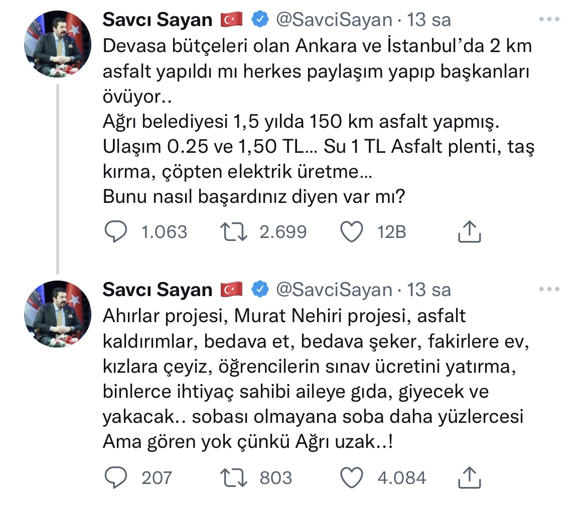 Başkan Sayan: “Ağrı’da yaptığımız projeleri gören yok”