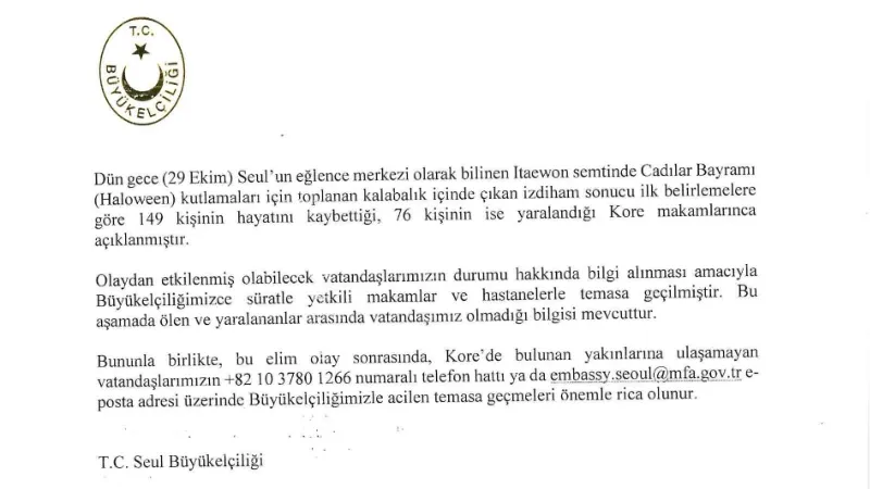 Türkiye’nin Seul Büyükelçiliği: "Olayda ölen veya yaralanan vatandaşımız yok"