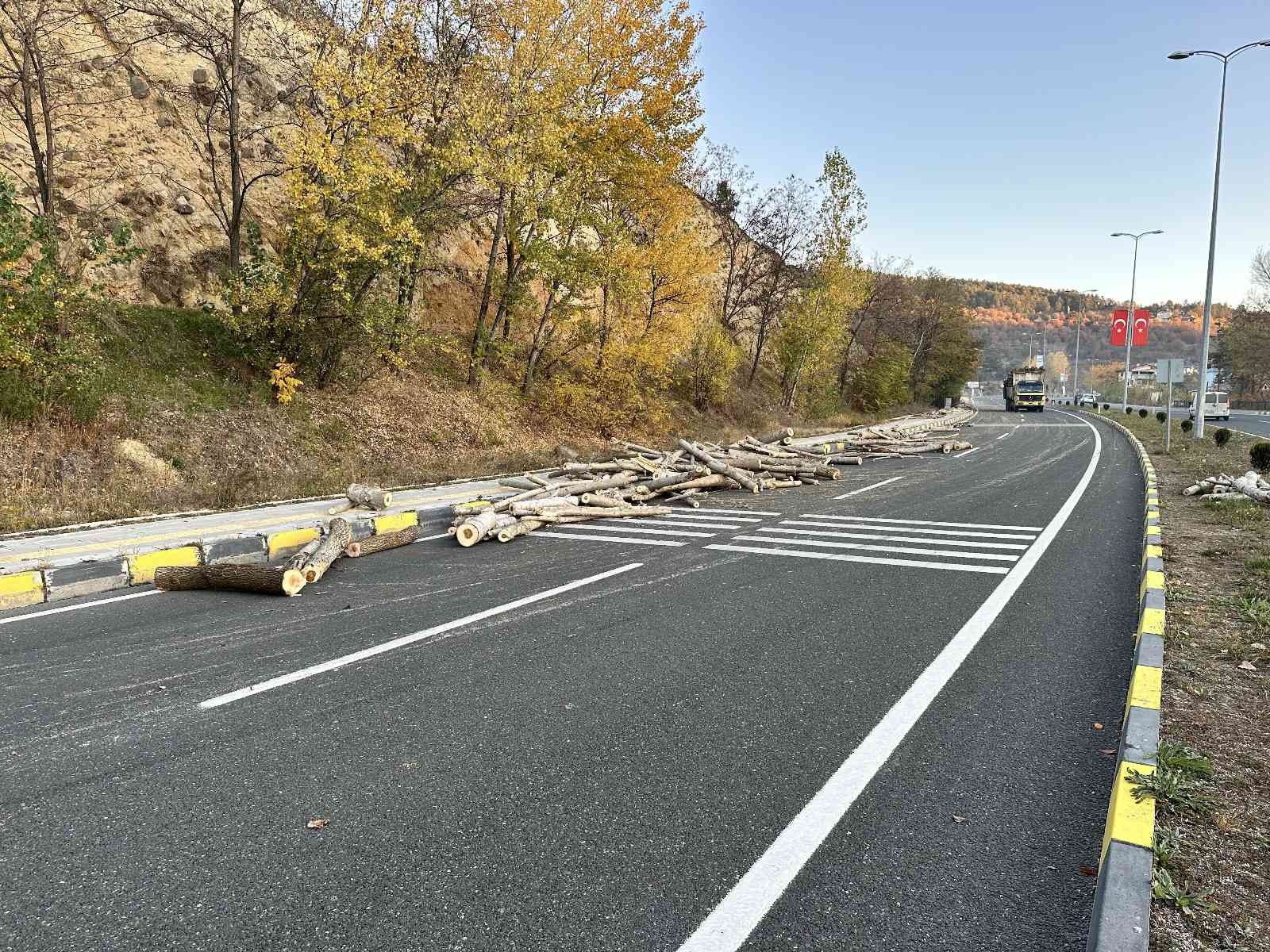 Arızalan traktörünü kaldırıma sürerek durdurabildi, tomruklar yola saçıldı