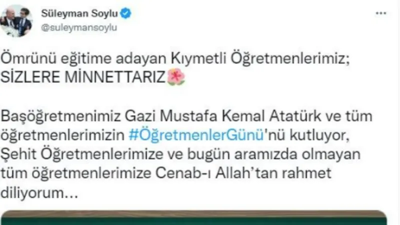 Bakan Soylu’dan Öğretmenler Günü mesajı