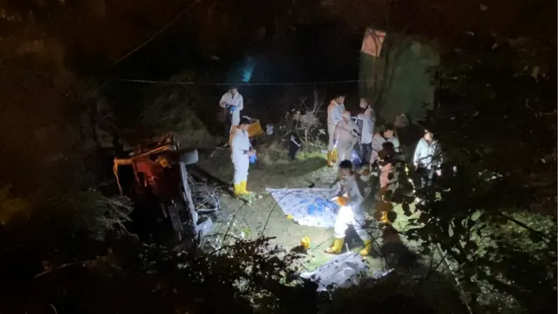Ağaçlık alana uçan otomobil alev alev yandı: 1’i polis 2 kişi hayatını kaybetti