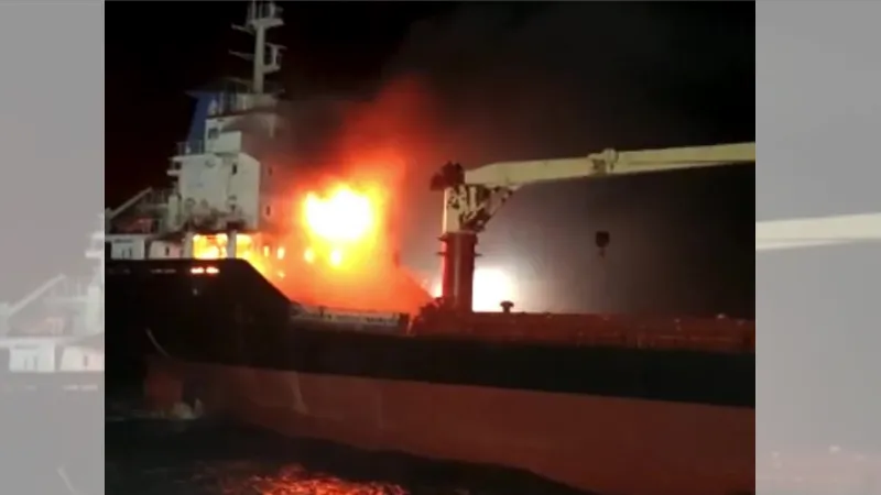Sinop açıklarında yanan gemi Ünye Limanı’na çekiliyor