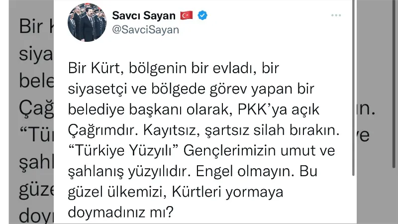 Başkan Sayan’dan PKK’ya çağrı: "Silahlarınızı bırakın"