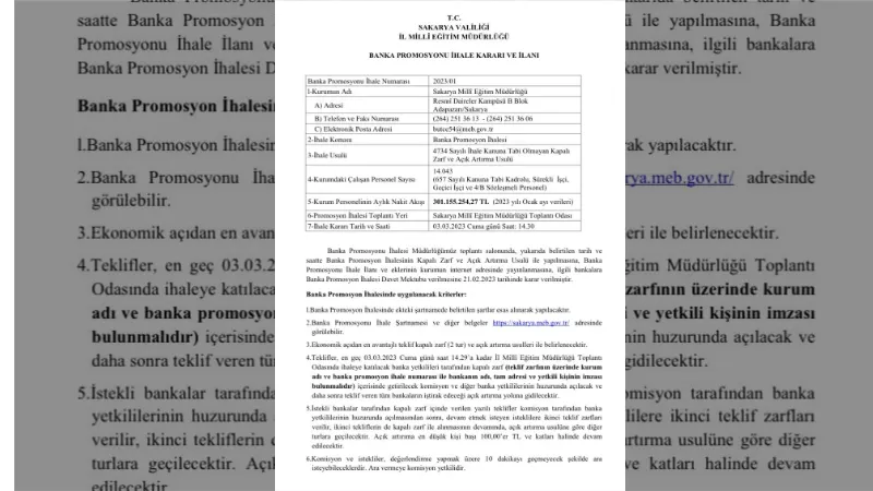 Sakarya İl Milli Eğitim, 14 bin personeli için banka promosyonu ihalesine çıkıyor