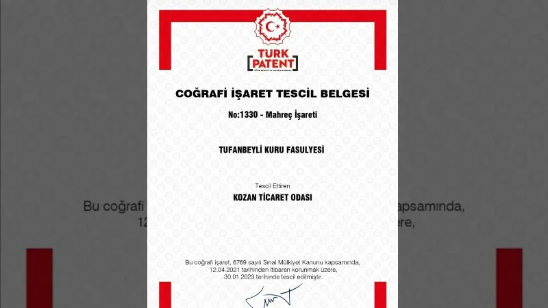 Tufanbeyli fasulyesine coğrafi işaret tescili