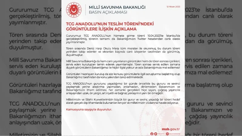 MSB’den TCG Anadolu’nun teslim törenindeki görüntülere ilişkin açıklama