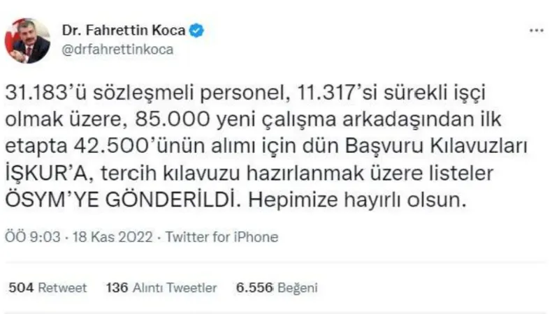 Bakan Koca: Personel alımı için başvuru kılavuzları İŞKUR'a gönderildi