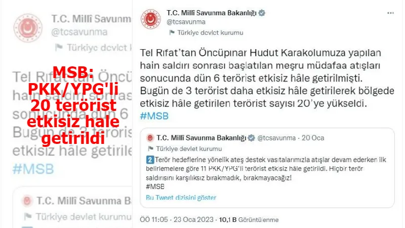 MSB: PKK/YPG'li 20 terörist etkisiz hale getirildi