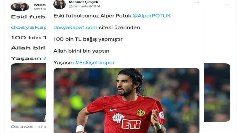 Alper Potuk’tan Eskişehirspor’a 100 bin lira destek