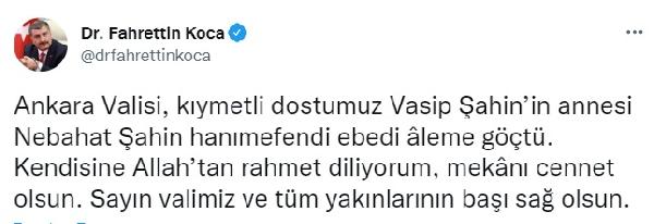 Vali Şahin'in annesi hayatını kaybetti