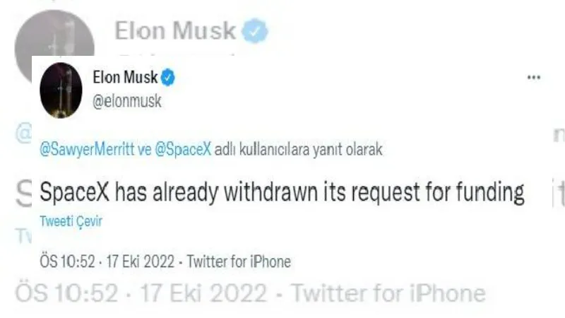 Musk: SpaceX, Pentagon’a yaptığı talebi geri çekti