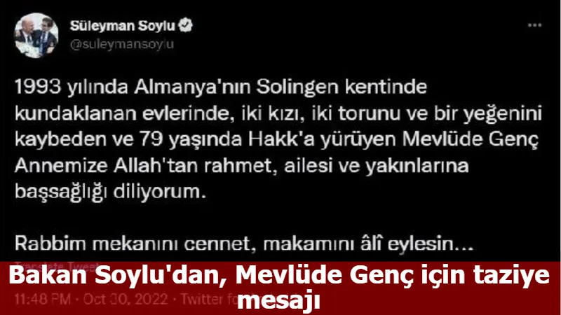 Bakan Soylu'dan, Mevlüde Genç için taziye mesajı