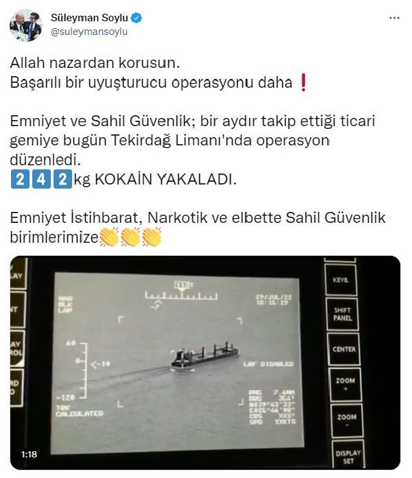 Bakan Süleyman Soylu: Tekirdağ Limanı'nda 242 kilogram kokain ele geçirildi