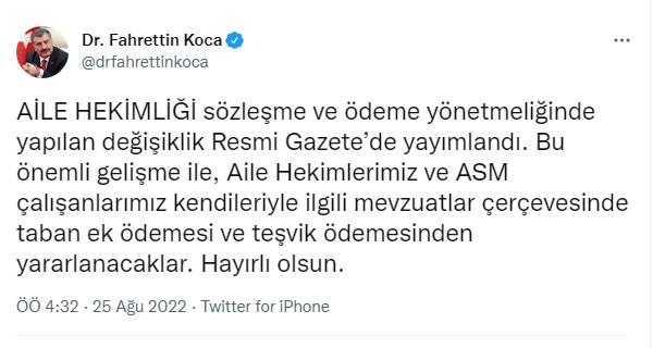 Aile hekimliği sözleşme ve ödeme yönetmeliğinde değişiklik Resmi Gazete'de yayımlandı