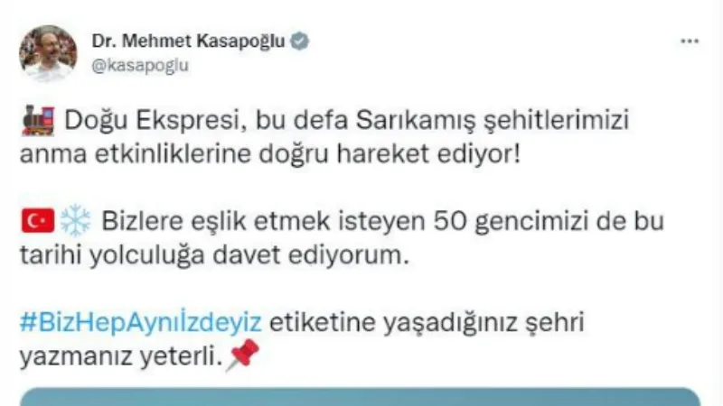 Bakanlık, 50 genci Sarıkamış anmasına Doğu Ekspresi ile götürecek