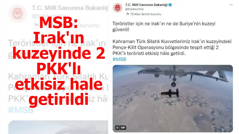 MSB: Irak'ın kuzeyinde 2 PKK'lı etkisiz hale getirildi