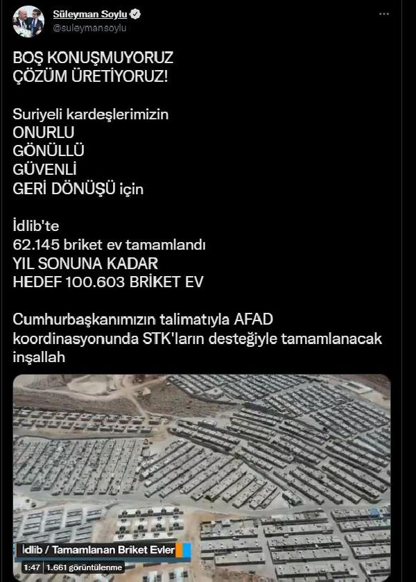 Bakan Süleyman Soylu: İdlib'de 62 bin 145 briket ev tamamlandı