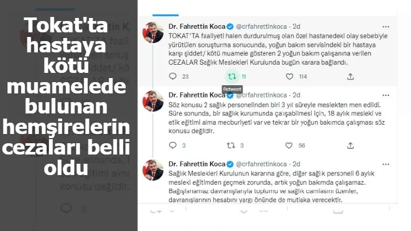 Tokat'ta hastaya kötü muamelede bulunan hemşirelerin cezaları belli oldu