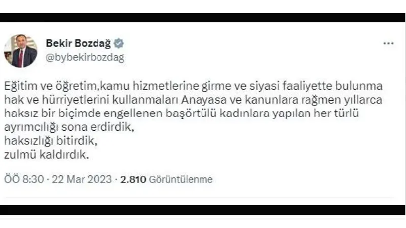 Bakan Bozdağ'dan, okul müdürüne başörtüsü tepkisi: Çağdaş yobazlık