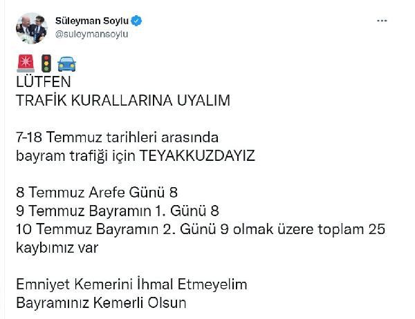 Bakan Soylu: Trafik kazalarında 25 kaybımız var