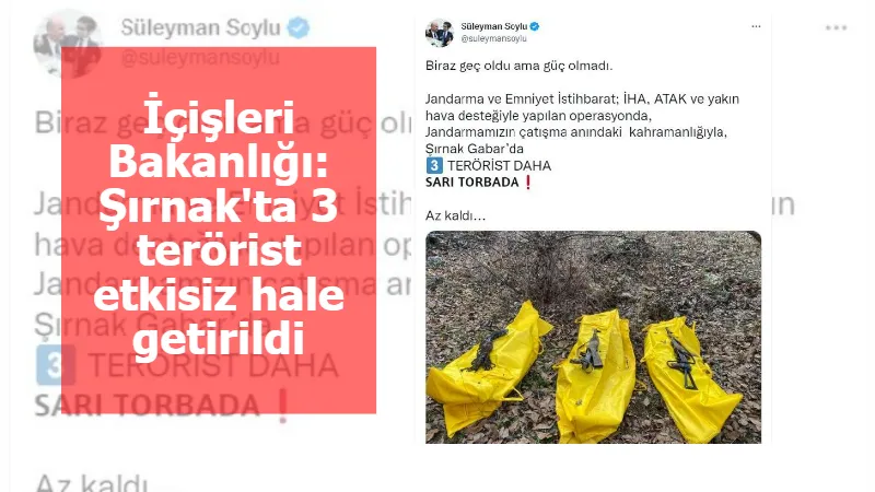 İçişleri Bakanlığı: Şırnak'ta 3 terörist etkisiz hale getirildi