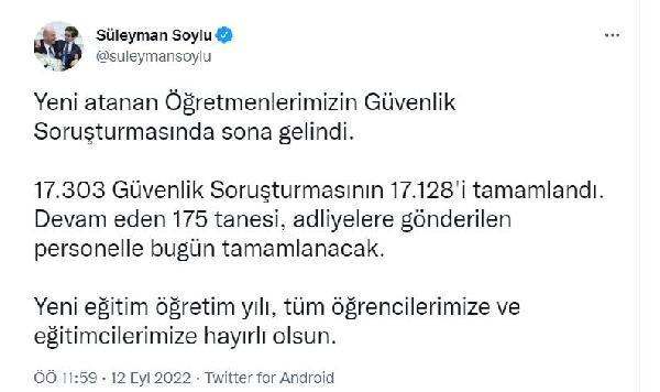 Bakan Soylu: 17 bin 128 öğretmenin güvenlik soruşturması tamamlandı