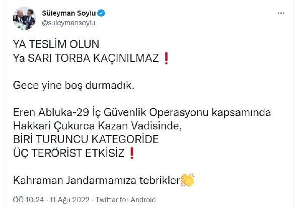 İçişleri: 1'i turuncu kategoriden 3 terörist etkisiz hale getirildi