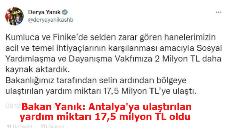 Bakan Yanık: Antalya'ya ulaştırılan yardım miktarı 17,5 milyon TL oldu