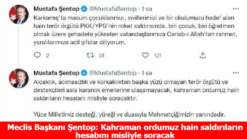 Meclis Başkanı Şentop: Kahraman ordumuz hain saldırıların hesabını misliyle soracak