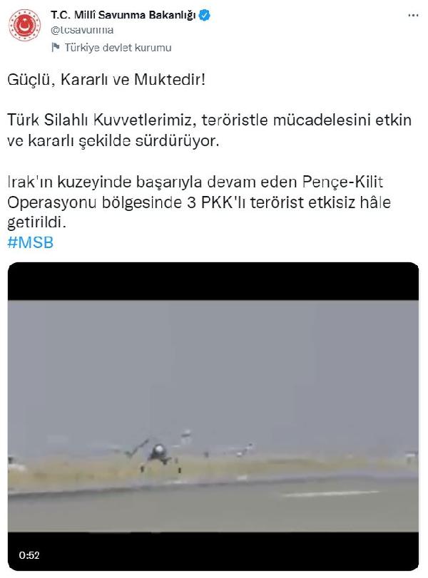 MSB: Pençe- Kilit bölgesinde 3 terörist etkisiz hale getirildi