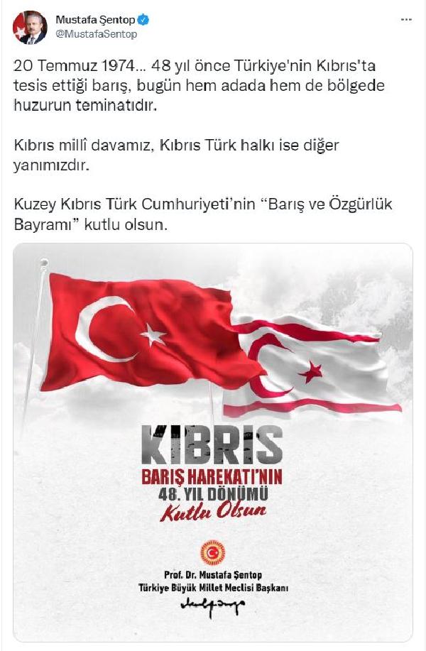 TBMM Başkanı Şentop'tan Kıbrıs Barış Harekatı'nın yıl dönümü mesajı