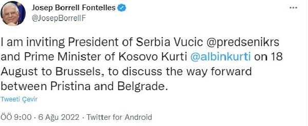 Borrell, Sırbistan ve Kosova liderini 18 Ağustos’ta Brüksel’e davet etti