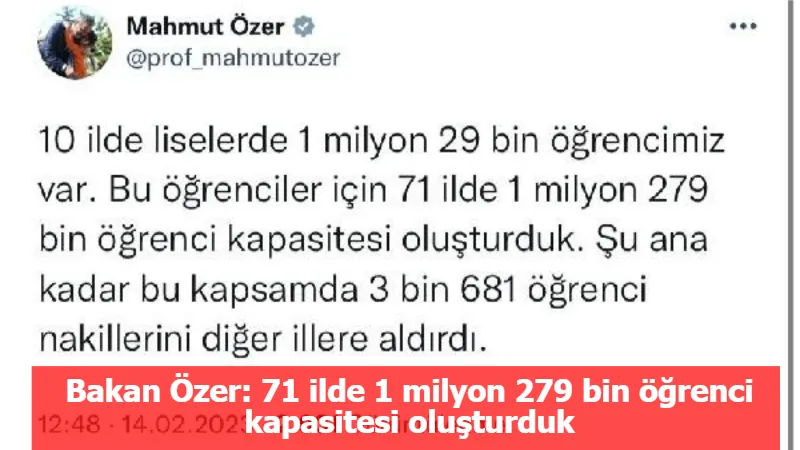 Bakan Özer: 71 ilde 1 milyon 279 bin öğrenci kapasitesi oluşturduk