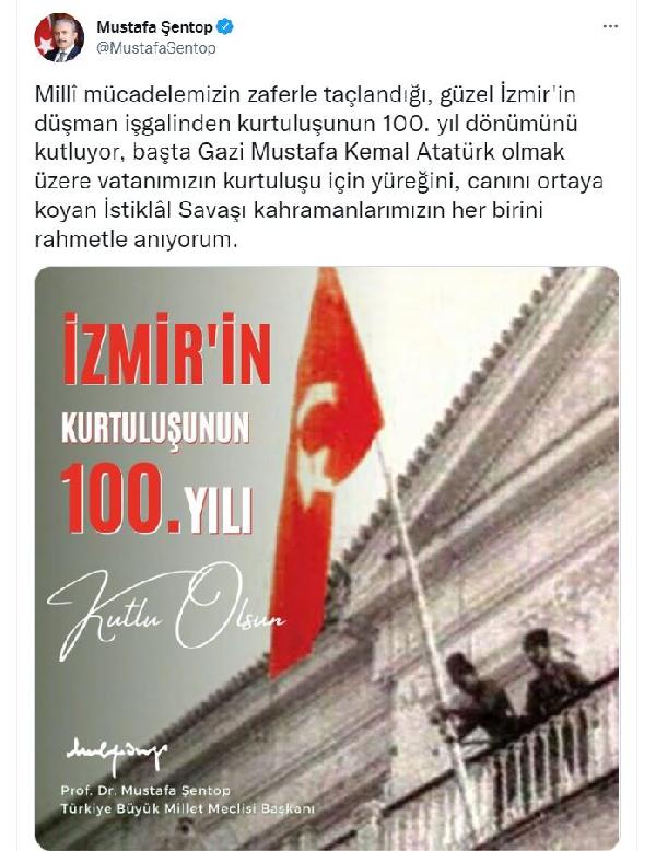 Meclis Başkanı Şentop, İzmir'in kurtuluşunun 100'üncü yılını kutladı